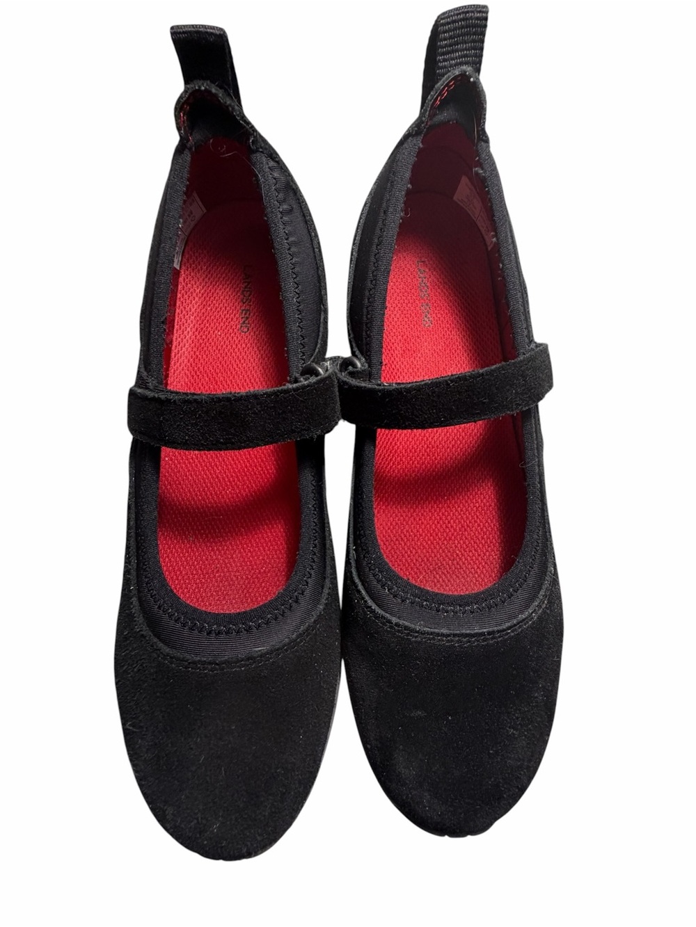 Lands' End Black Suede  Mary Jane Flats with Red Insole Womens 8